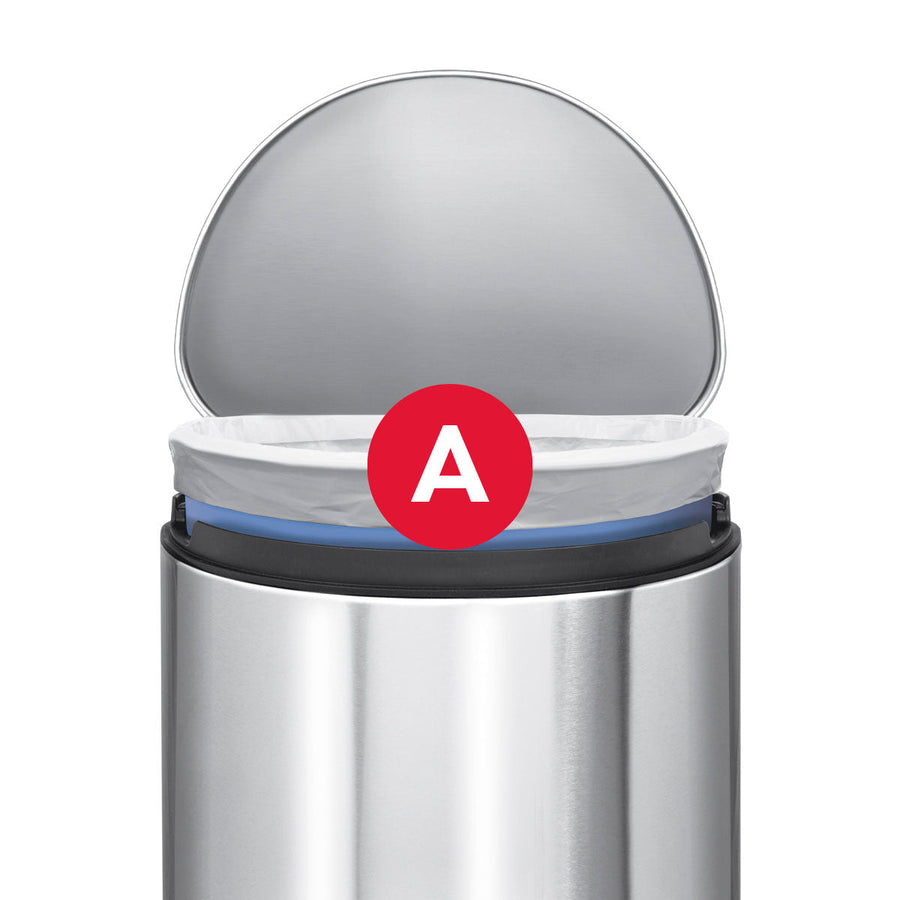 Detail view of Simplehuman Code A White Custom Fit Liner achieving a perfect, hidden fit in a stainless steel can.