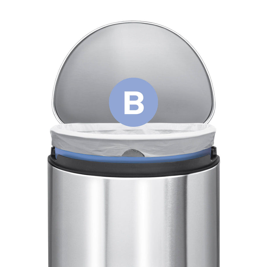 Detail view of Simplehuman white Code B liner, demonstrating a perfect, secure fit in the Brushed Stainless Steel can.