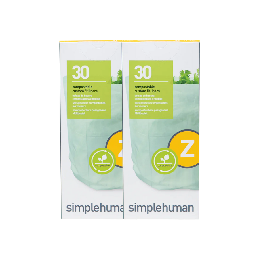 Simplehuman Code Z Compostable Custom Fit Liners, 30-count pack of light green bags, custom fit for composting.