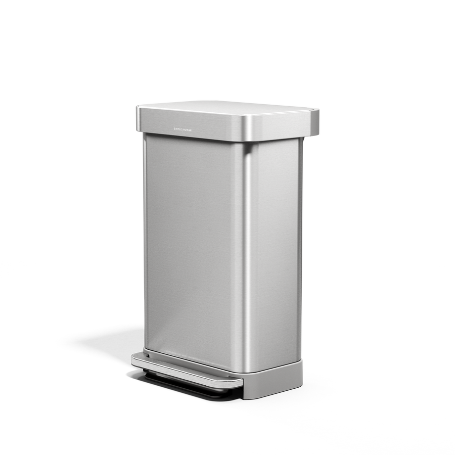 Angled view of Simplehuman 45L Brushed Stainless Step Can with hands-free pedal and liner pocket.