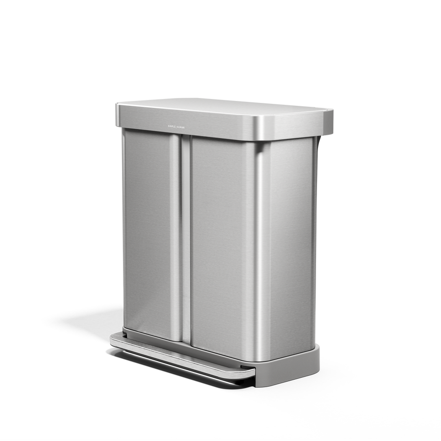 Angled view of Simplehuman 58L Step Recycler, Brushed Stainless Steel, dual recycling compartments, step pedal.