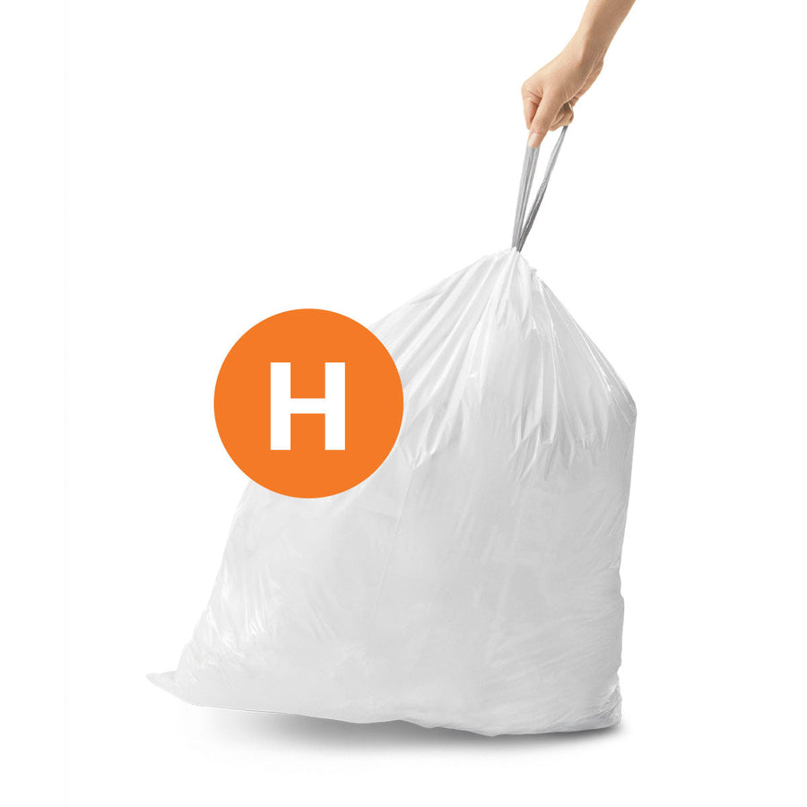 Simplehuman Code H Custom Fit Liners, white plastic bag held by hand, secure drawstring closure.
