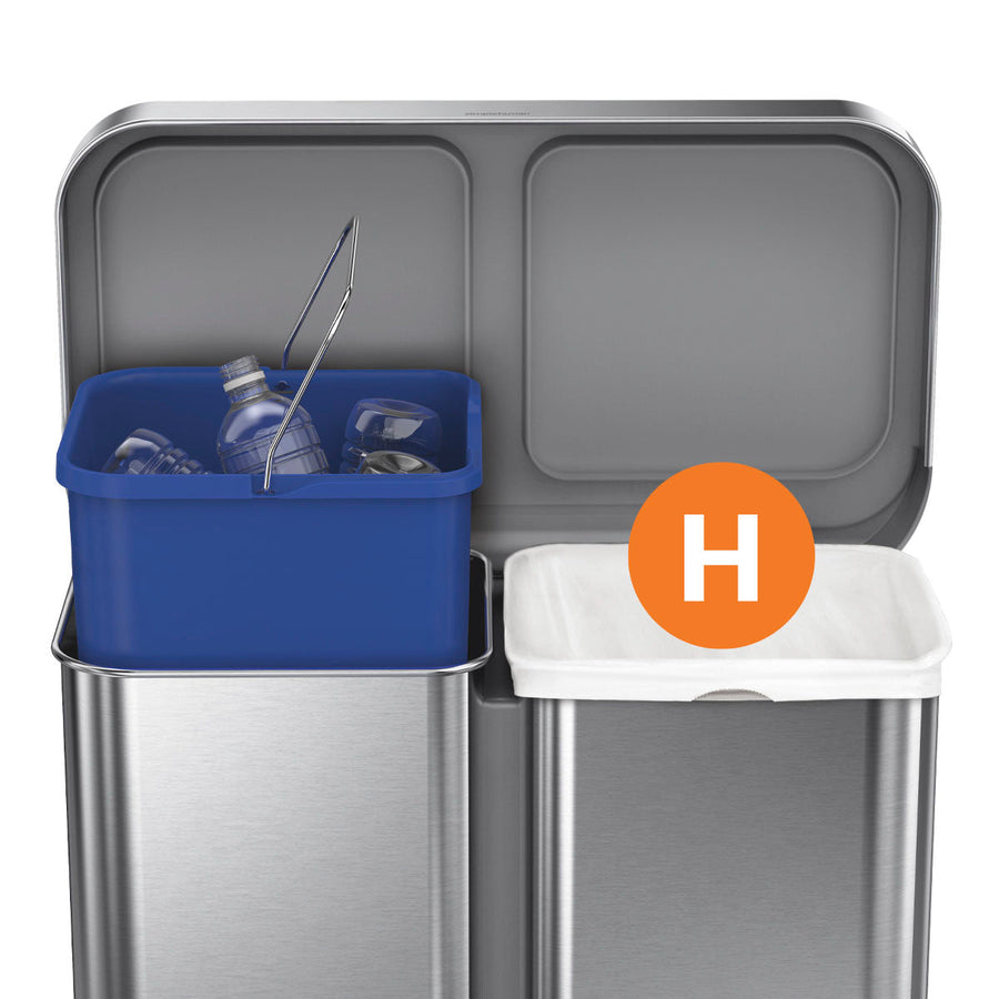 Simplehuman Code H Custom Fit Liners installed in a dual step can, demonstrating the perfect custom fit and secure rim.