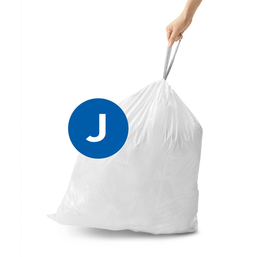 Simplehuman Custom Fit Liner Code J, white, usage shot showing hand securing the strong easy-tie drawstring bag.
