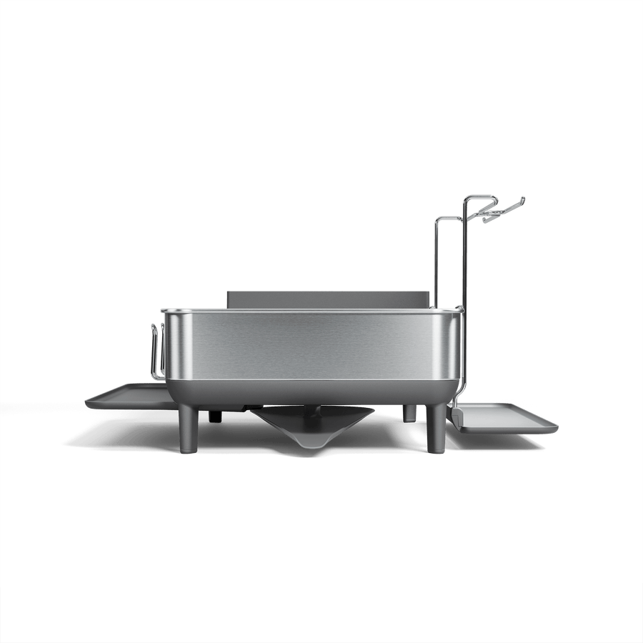 Simplehuman Brushed Stainless Steel Steel Frame Dishrack, side view showing pivoting spout and integrated cup holders.