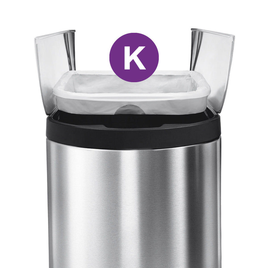 Detail view of Simplehuman white Code K Custom Fit Liner perfectly fitted inside a Brushed Stainless Steel can.