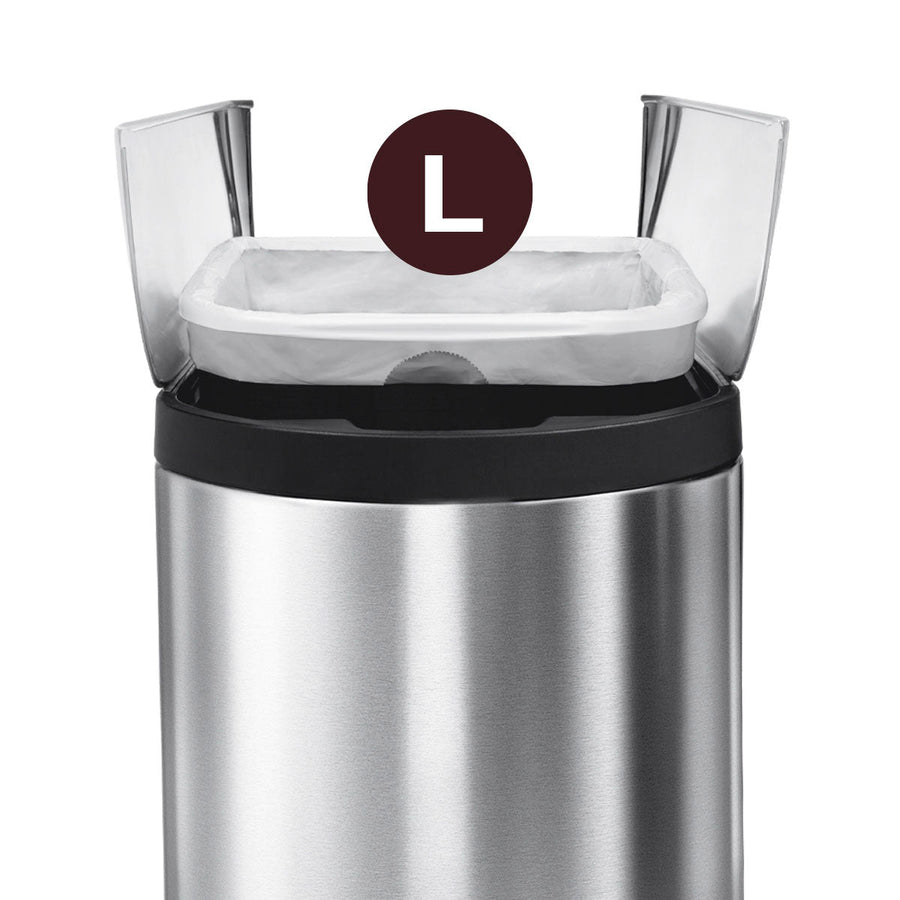 Detail view of Simplehuman Code L white liner showing perfect fit inside the Brushed Stainless Steel trash can.
