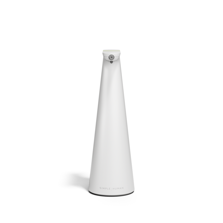 Front view of Simplehuman Sensor Spray in White, touch-free operation, automatic disinfectant spray dispenser