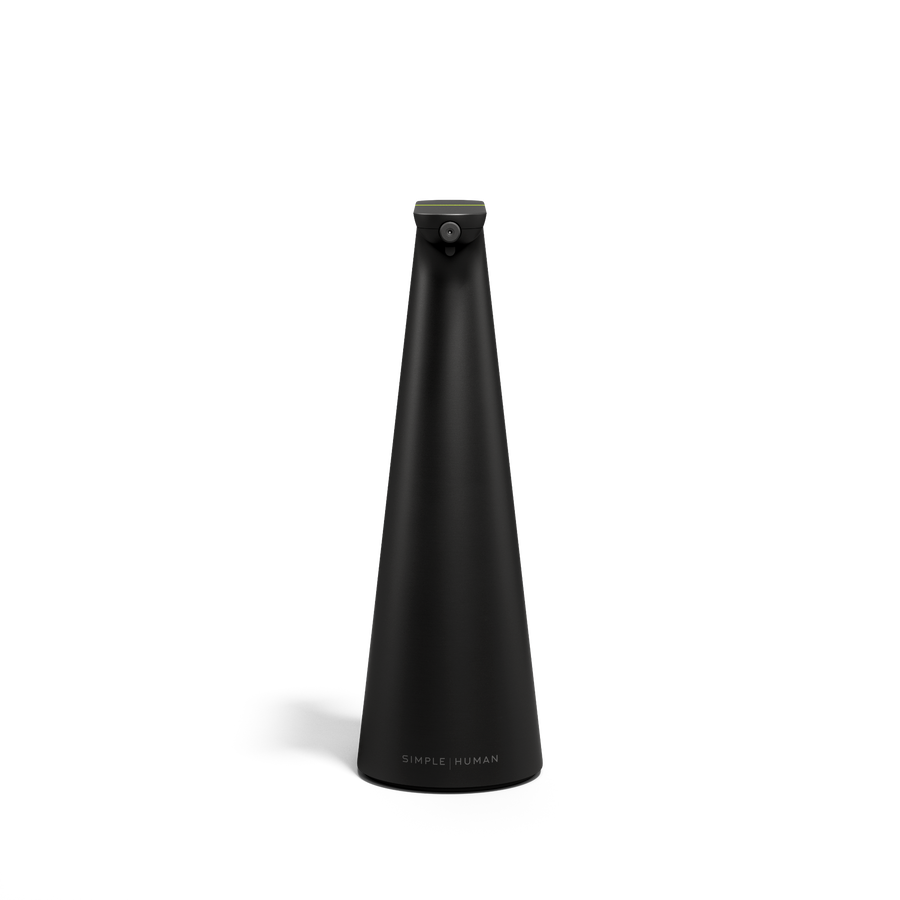 Front view of Simplehuman Matte Black Sensor Spray, touch-free automatic disinfectant dispenser