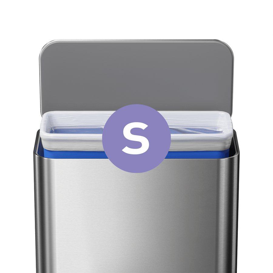 Simplehuman rectangular stainless steel trash can showing Code S custom fit liner installed inside the inner bucket, lid open.